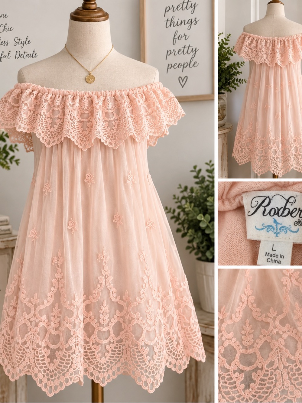 Roxberi Boho Lace Ruffle Dress Peach Pink Off Shoulder Size L
